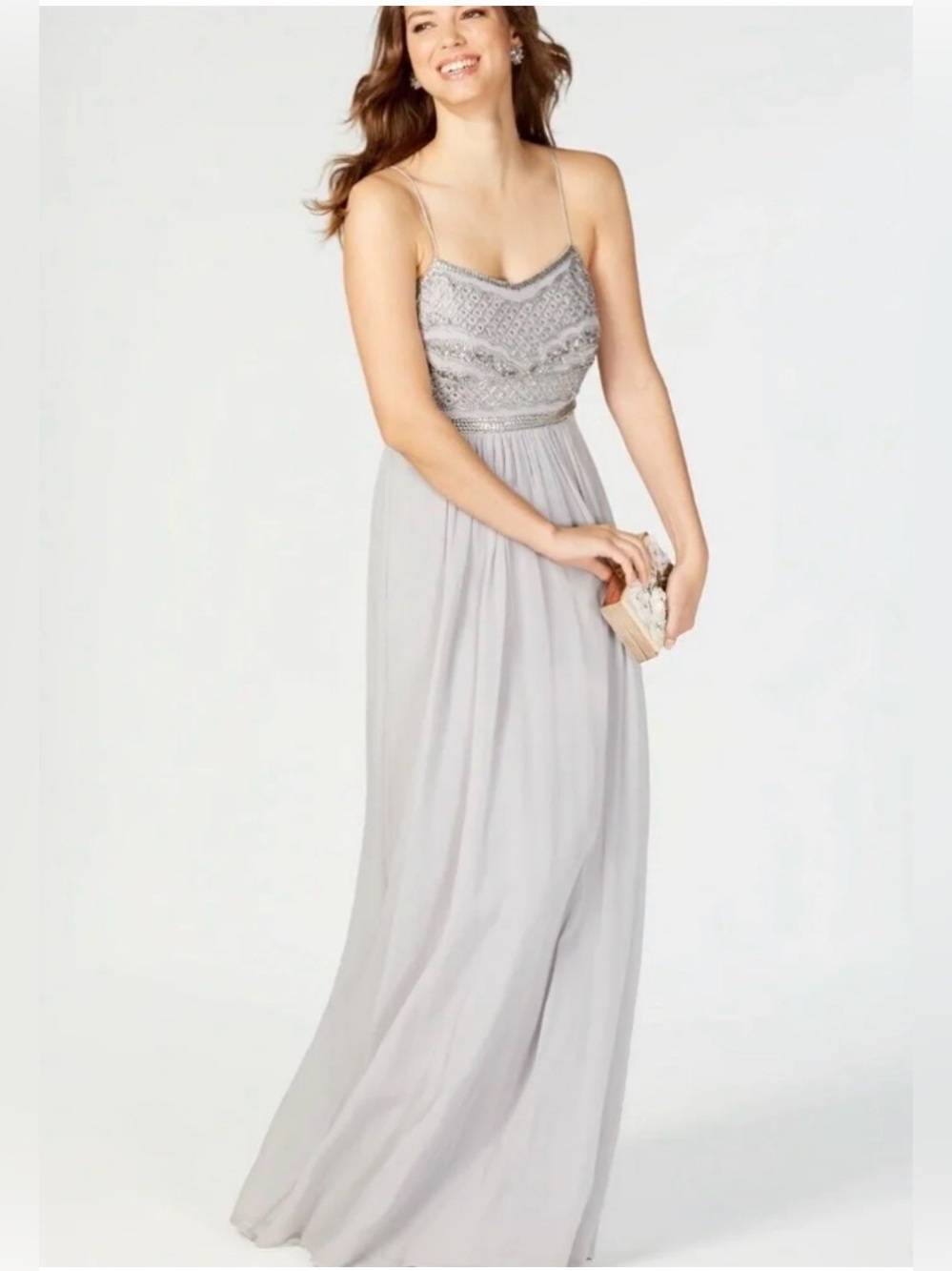 Adrianna Papell Silver Beaded Spaghetti-Strap Maxi Dress